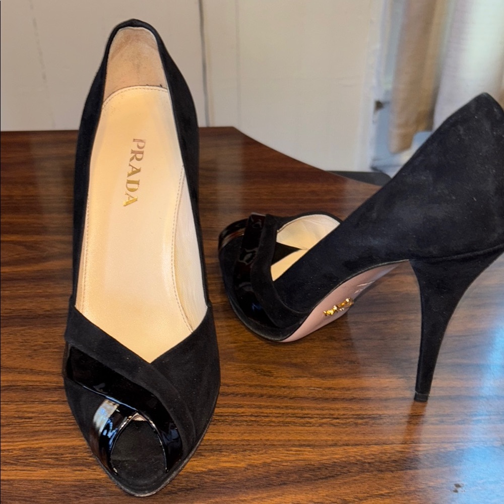 Prada Black Peep-Toe Suede Stiletto Heels